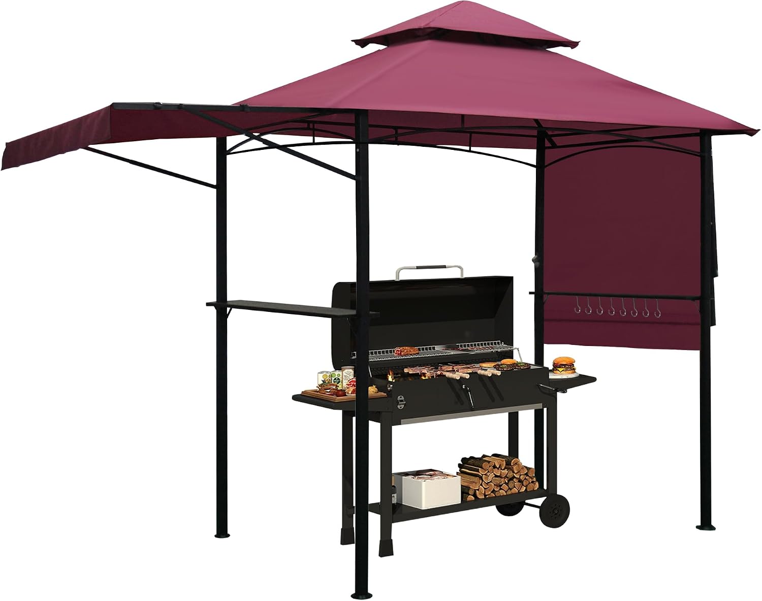 14 x 5Ft Grill Gazebo Outdoor BBQ Gazebo Canopy with Dual Side Awnings Double Tiered Grill Canopy for Patio, Garden, Beach (Red)