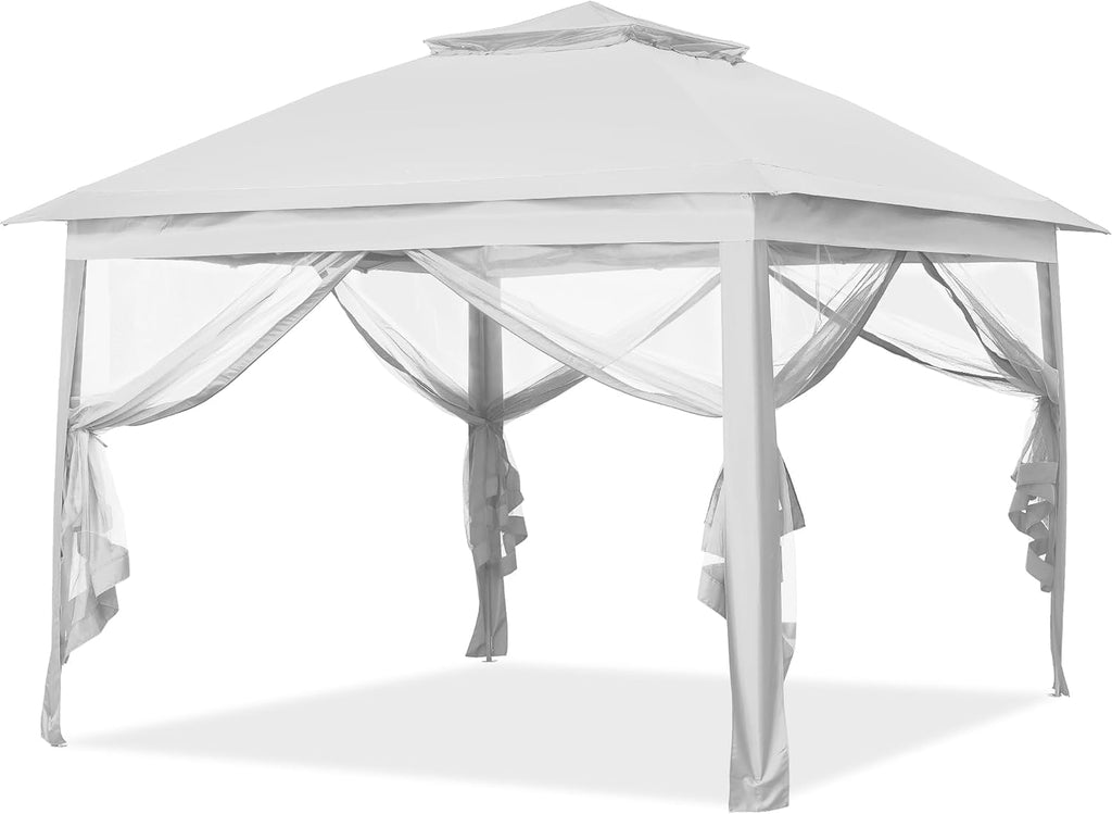 11x11 Pop Up Camping Shelters Tent, Outdoor Tent with Netting, Outdoor Shelters for Backyard, Screen House with Wheeled Cover Bag, White.