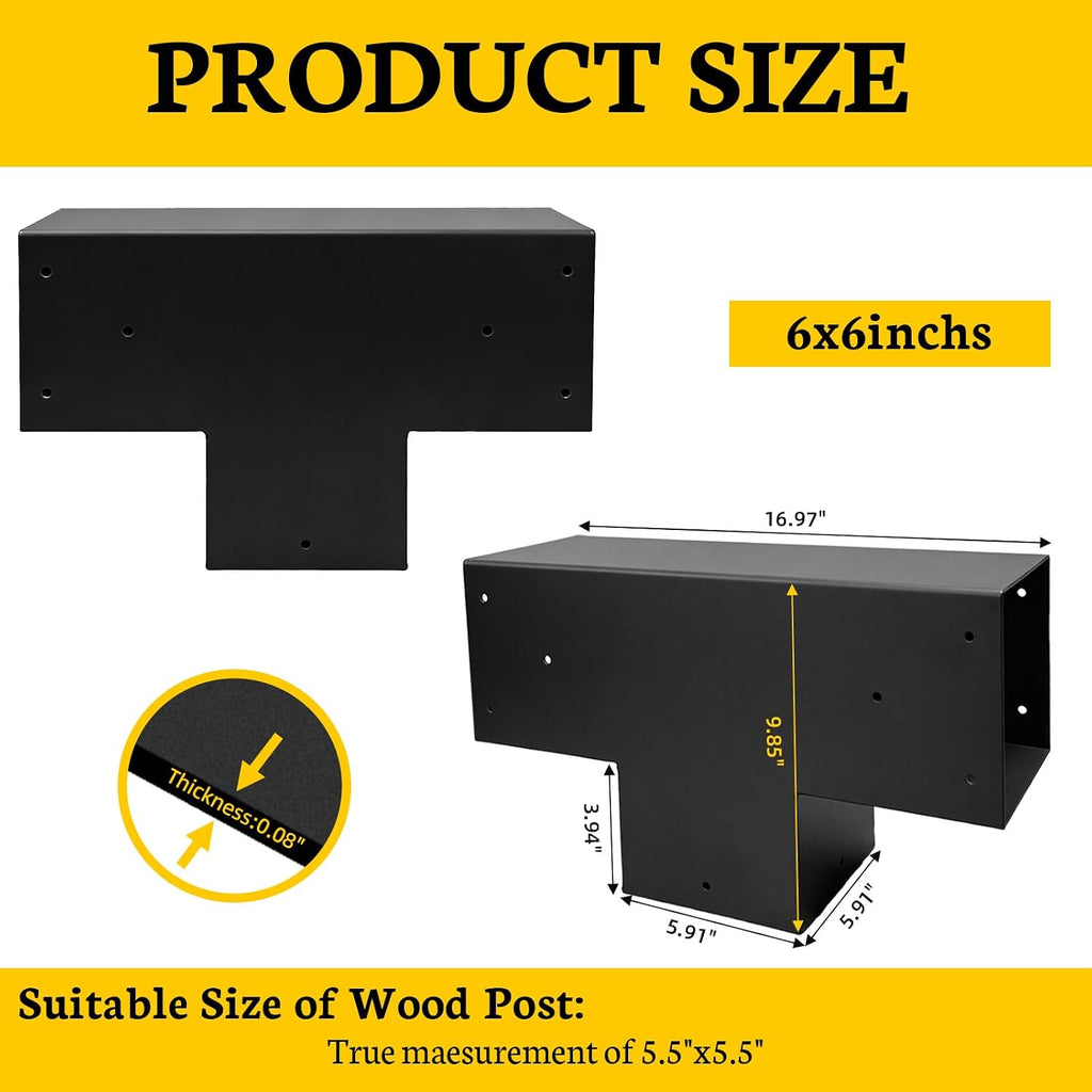 Pegola Bracket Kits 2PacK,3-Way T-Shaped Horizontal Woodwork Brackets for 6'x6' (Actual:5.5'x5.5') Lumber,DIY Metal Wood Beam Brackets for Patio Pavilion,Log Cabin Outdoor Kitchen with Screws