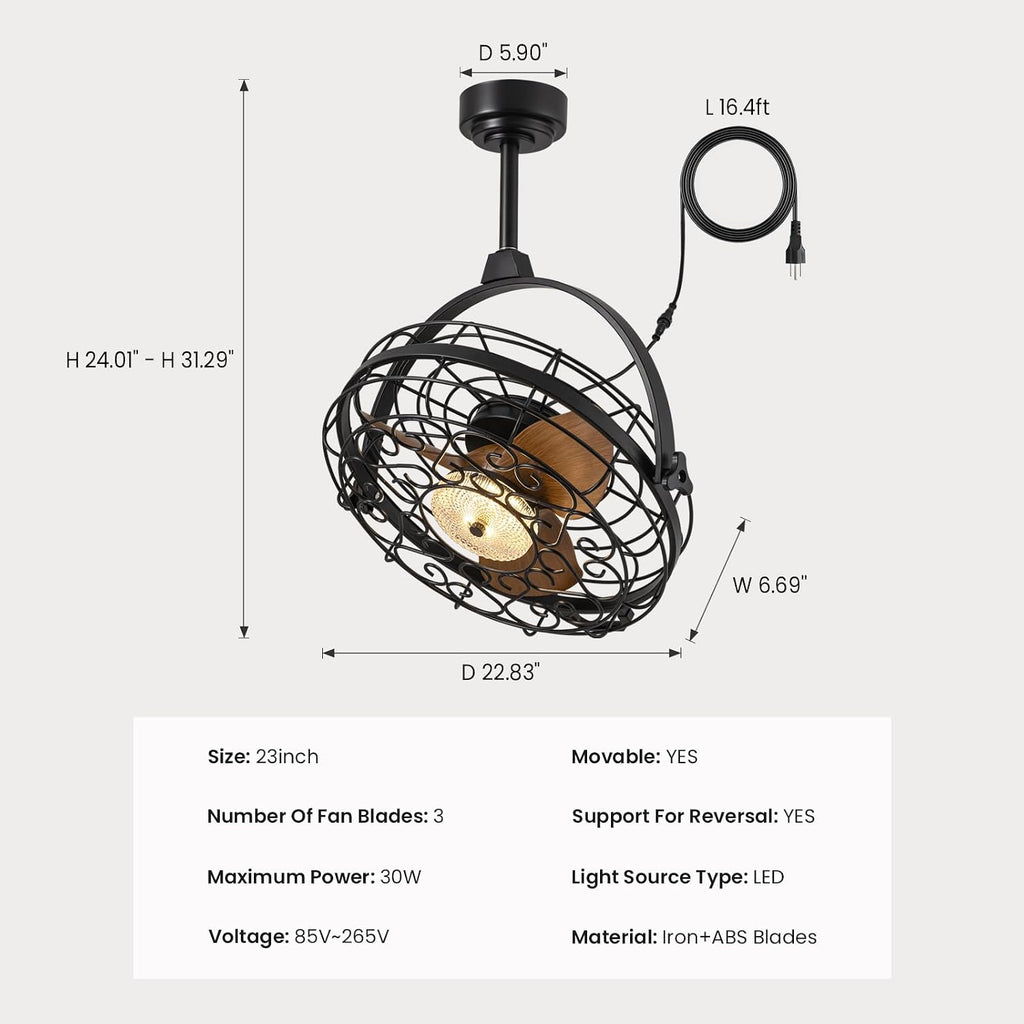 23'' Outdoor Ceiling Fans with Lights, Gazebo Fan Wet Rated Remote&APP Control, Dimmable Hanging Fan with Plug in Cord for Patio Pergola