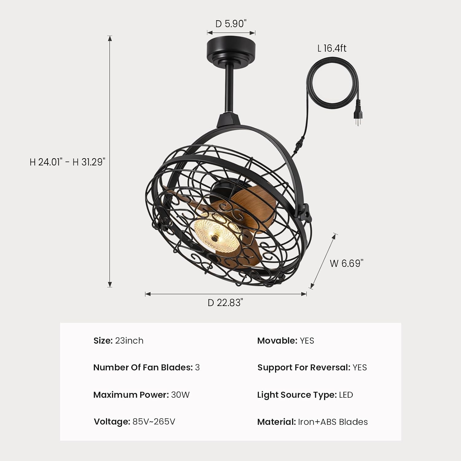 23'' Outdoor Ceiling Fans with Lights, Gazebo Fan Wet Rated Remote&APP Control, Dimmable Hanging Fan with Plug in Cord for Patio Pergola