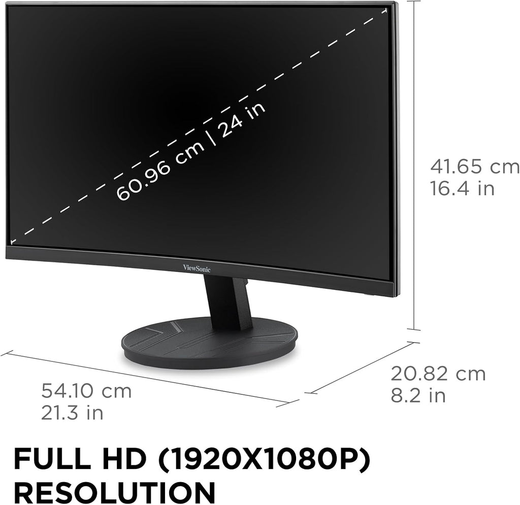 ViewSonic VA2416C 24 Inch 1080p Curved Monitor, Frameless Design with Variable Refresh Rate for Home Entertainment, HDMI, and DisplayPort Inputs