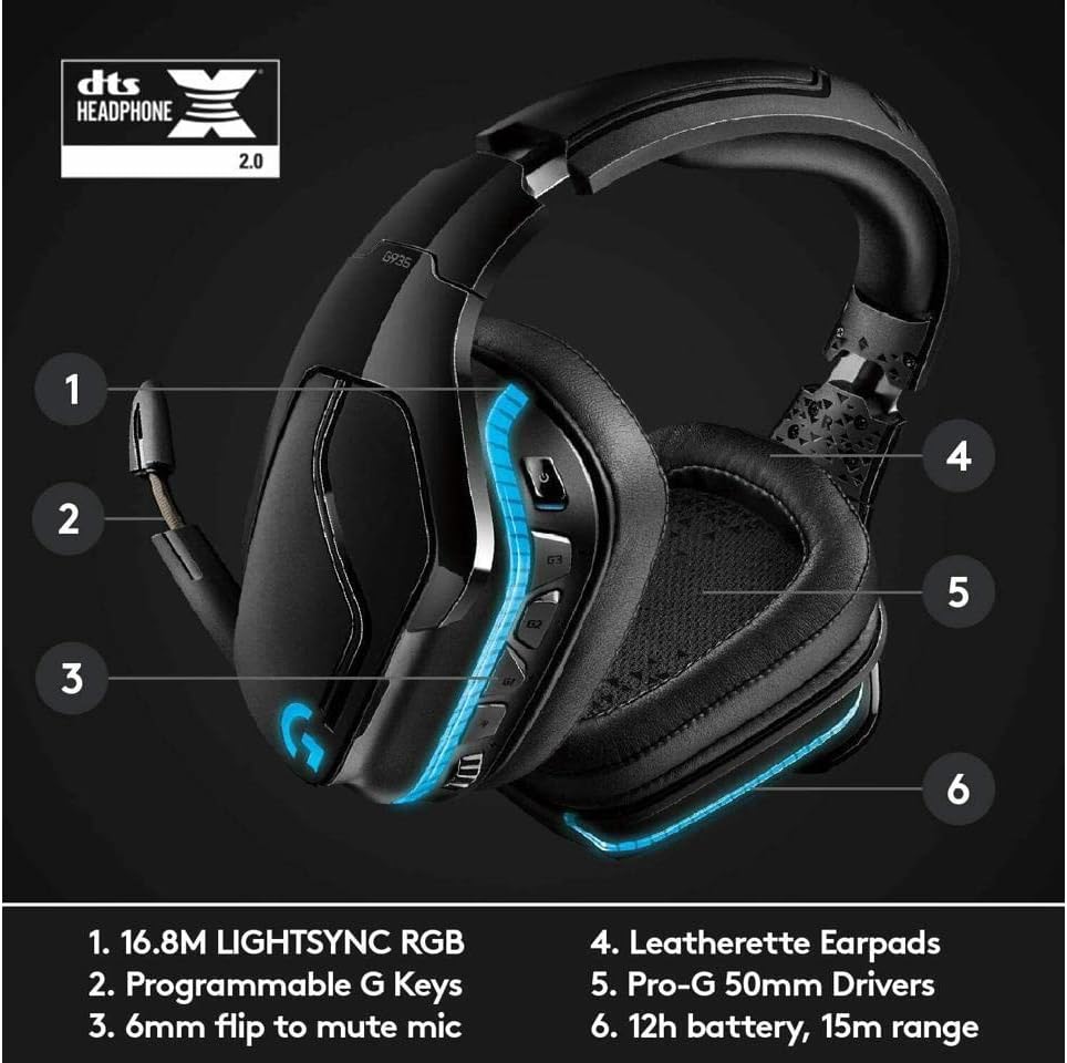 Logitech G935 Wireless DTS:X 7.1 Surround Sound LIGHTSYNC RGB PC Gaming Headset - Black, blue (Renewed)