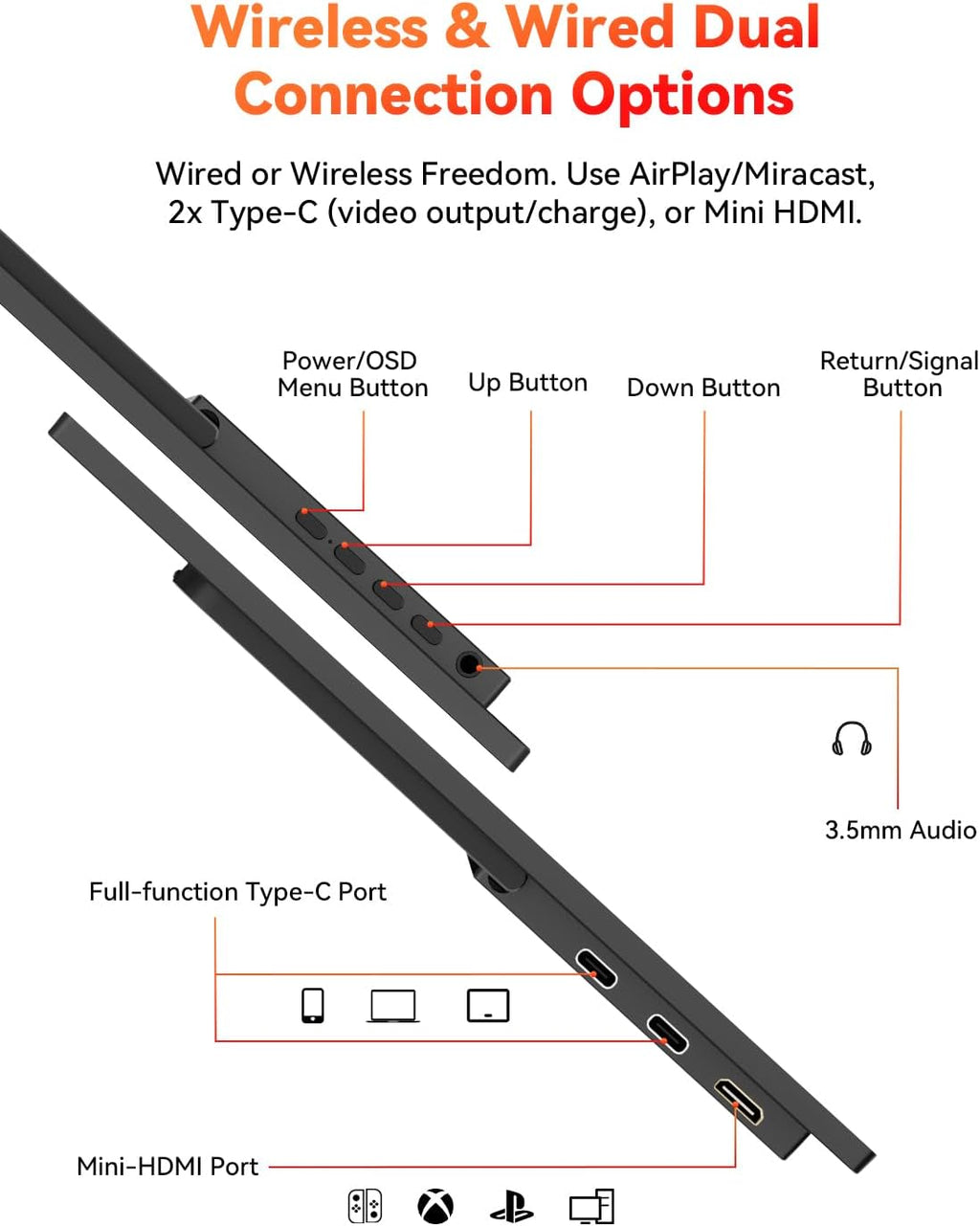 HotYeah 17.3' 2.5K Wireless Portable Monitor, Support AirPlay Miracast, 2560×1440P IPS USB-C HDMI External Monitor, 2nd Screen for Laptop MacBook PC Phone Tablet, w/Built-in Battery(3-4H)