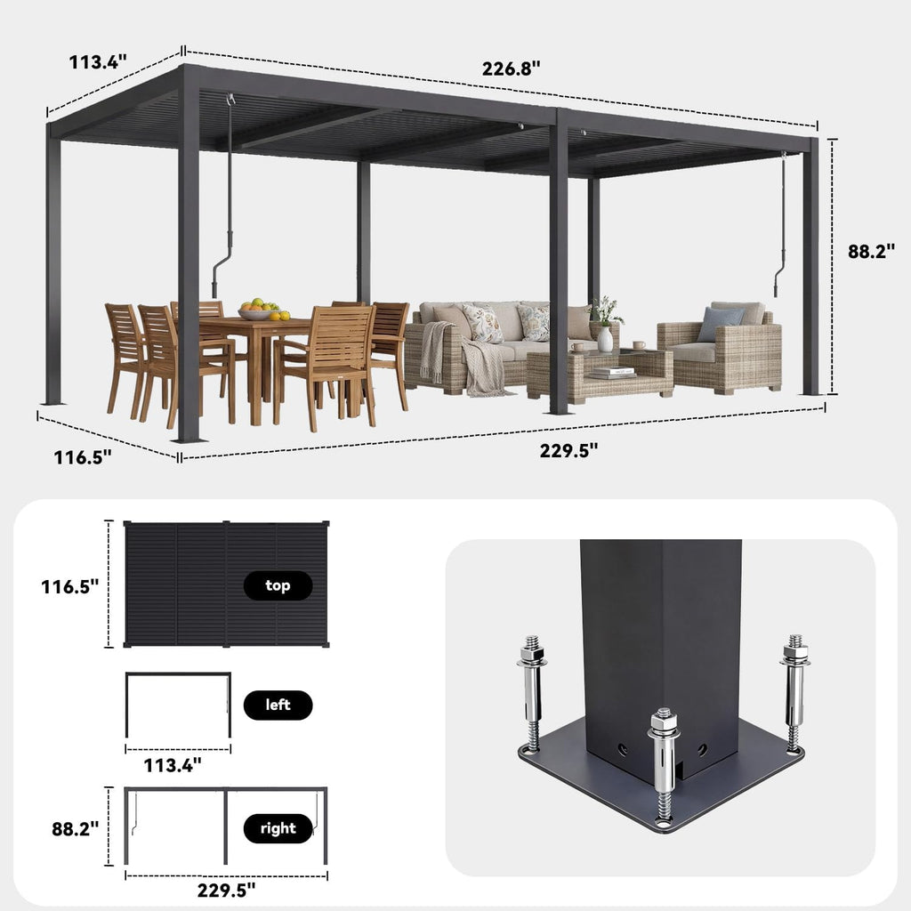 MELLCOM Pergola Louvered 10x20,Metal Hardtop Pergola with Adjustable Roof for Sun & Rain Shade, Outdoor Gazebo with Integrated Drainage System, Modern Rustproof Patio Canopy Carport