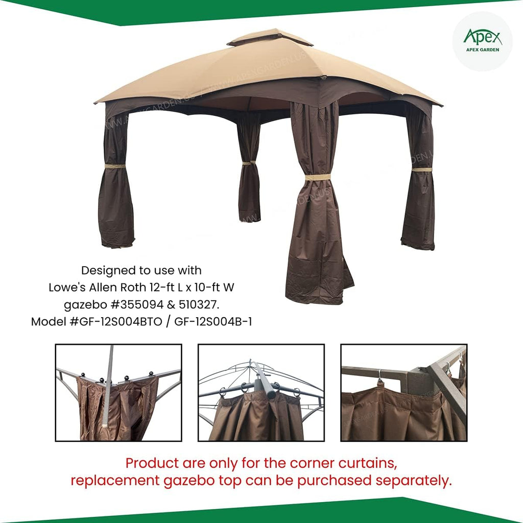 APEX GARDEN 4 Poles Brown Corner Curtain Set for Lowe's 10' x 12' Gazebo Model #GF-12S004BTO / GF-12S004B-1 (Corner Curtains Only) (Dark Brown)