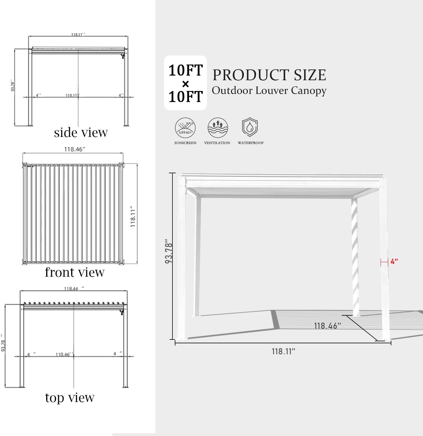 Domi Louvered Pergola 10×10 FT, Outdoor Aluminum Pergola with Adjustable Rainproof Roof and Drainage System, Metal Pergola Gazebo for Patio, Deck, Backyard, White