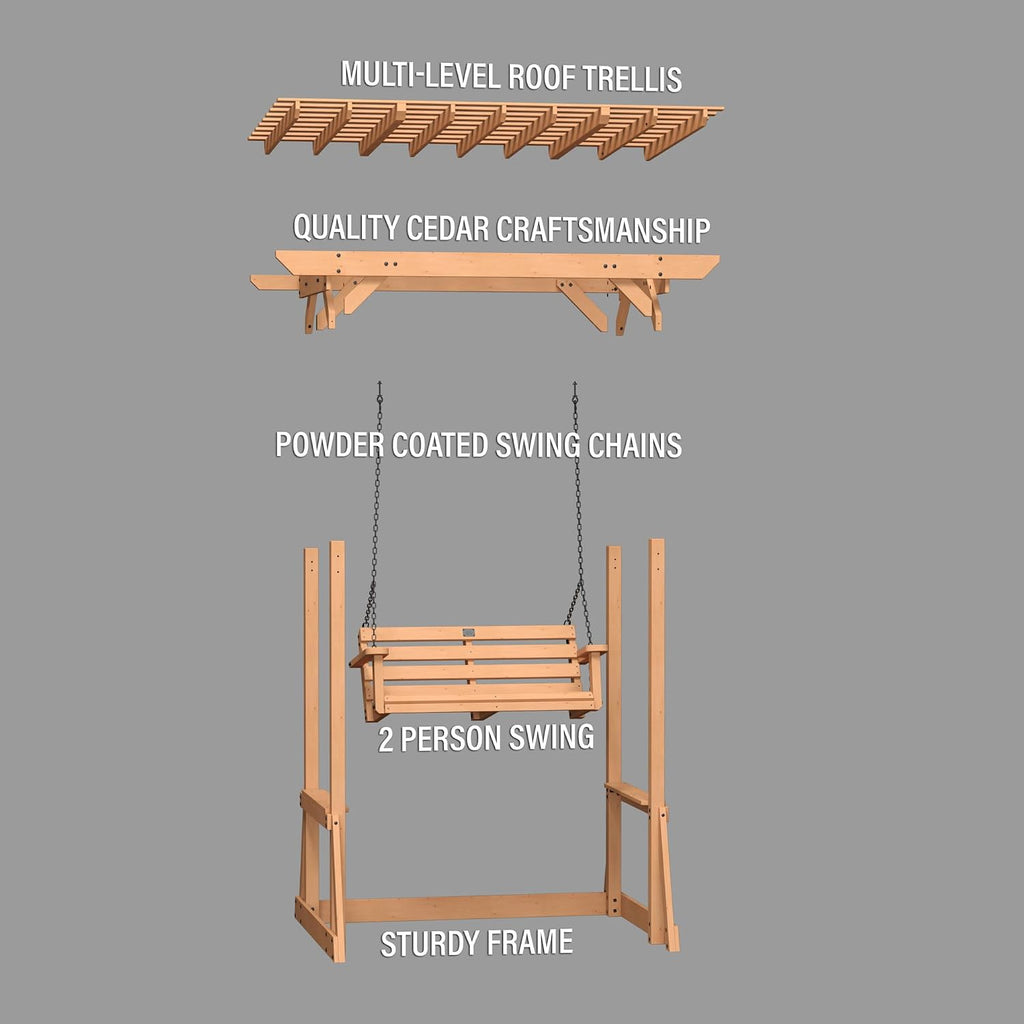 Backyard Discovery Callahan 8' x 5' Cedar Wood Outdoor Patio Pergola Swing Bench with Trellis, Two-Person Seating, Chains, Water Resistance, 600 Lb Weight Capacity for Porch, Patio, Deck, Garden