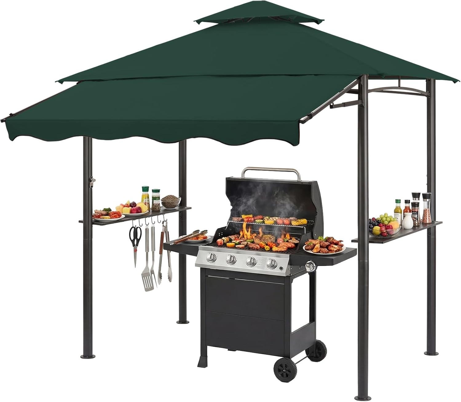 CHARMELEON 8x8 FT Grill Gazebo, Grill Canopy with Big Awning&2 Side Shelves&6 Hooks&Bottle Opener, Powder-Coated Steel BBQ Shelter for Patio Backyard Outdoor Grilling-Green
