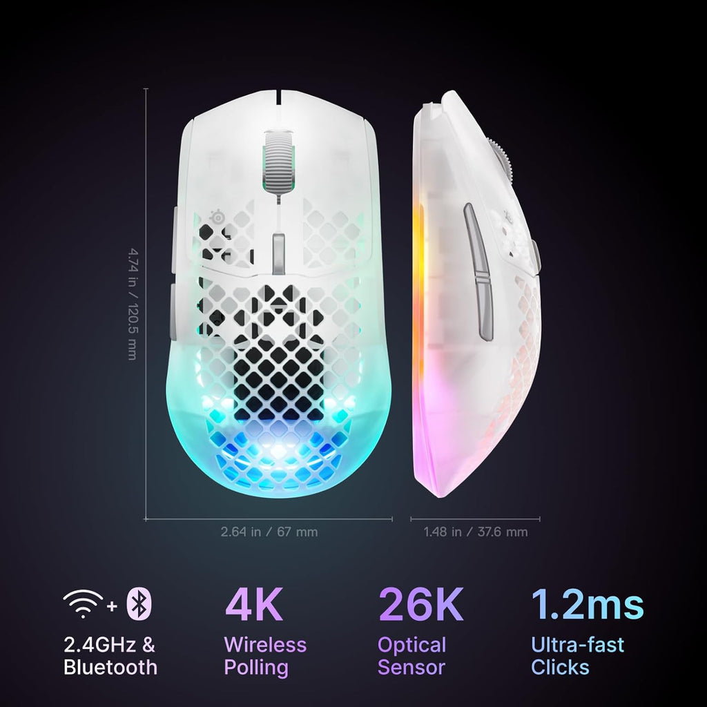 SteelSeries Aerox 3 Wireless Gen 2 - Super-Light 68g Gaming Mouse, 4K Polling, 26K DPI Optical Sensor, 200 Hour Battery, IP54 Water Resistant, 80m Click Durability, RGB, 100% PTFE Feet - Ghost