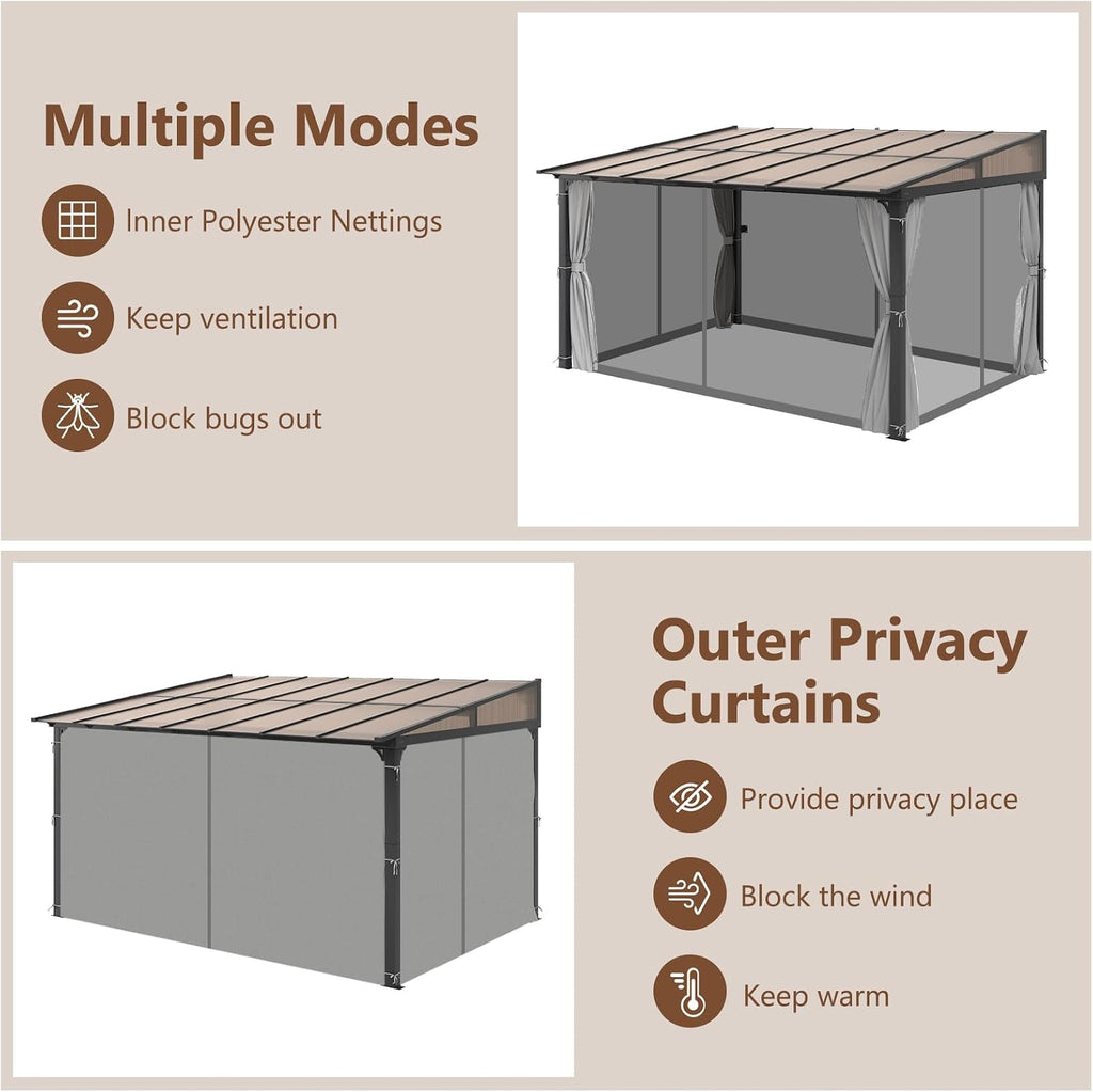 10'x10' Lean to Gazebo, Wall Mounted Gazebo with Aluminum Frame, Curtains and Netting for Patio,Decks, Garden and Lawn