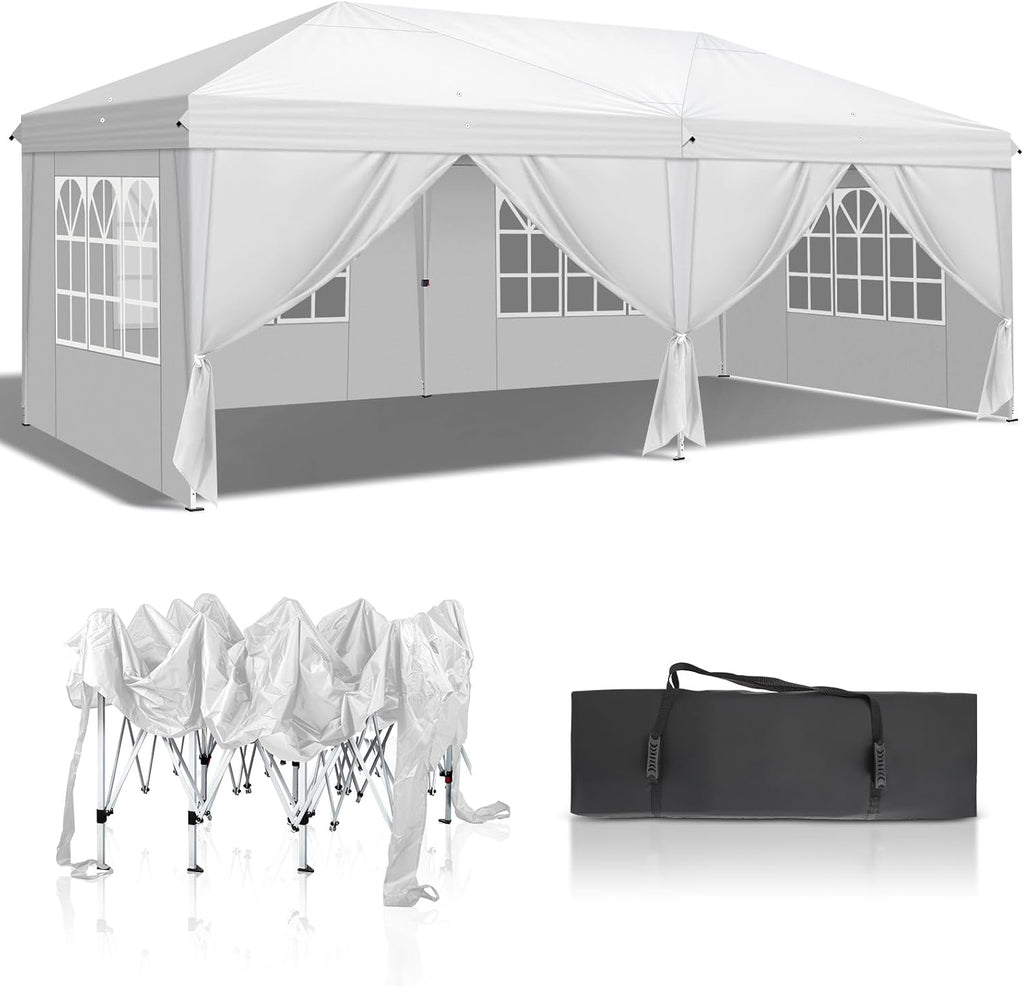 VINGLI 10x20 ft Pop Up Canopy Tent with 6 Sidewalls with Carry Bag, Outdoor Gazebo Shelter, Patio Event Tent Outdoor Canopy Commercial Canopy(White)