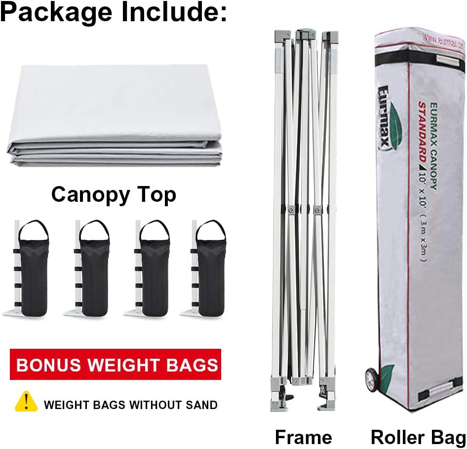 Eurmax USA Patented 10x10 Pop Up Canopy Tent Party Tent Commercial Instant Canopies Shelter with Heavy Duty Roller Bag,Bonus 4 Sand Bags (Snow White)
