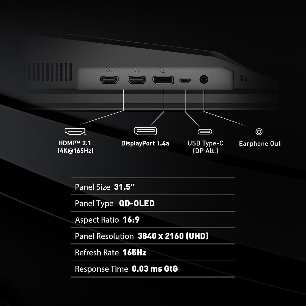 msi MAG 321UP QD-OLED 32-inch QD-OLED 3840 x 2160 (UHD) Computer Monitor, 165Hz, AMD FreeSync Premium Pro, HDMI 2.1, Display Port 1.4a, VESA Mountable, Tilt, Height Adjustable,0.03ms, Black