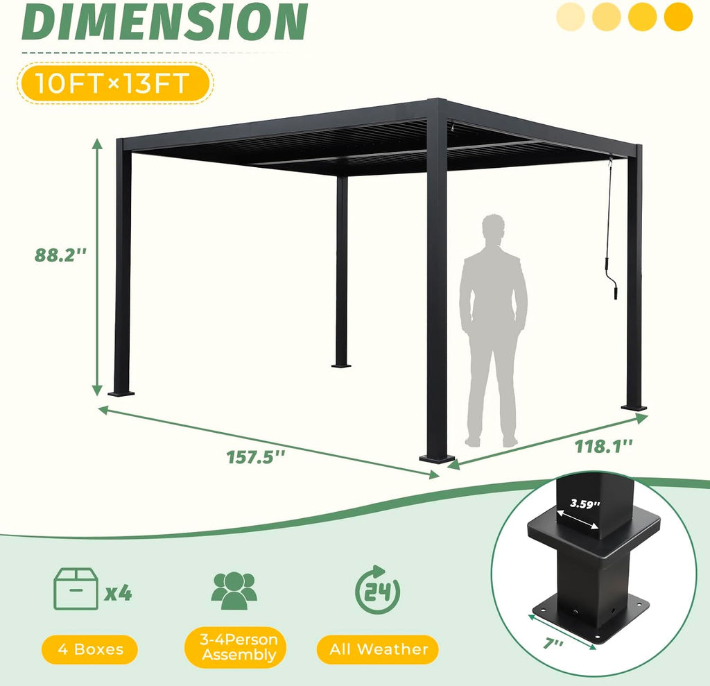 LVUYOYO 10' x 13' Outdoor Louvered Pergola, Metal Aluminum Pergola with Adjustable Roof, Waterproof Gazebo with for Patio, Backyard, Garden, Deck (Black)