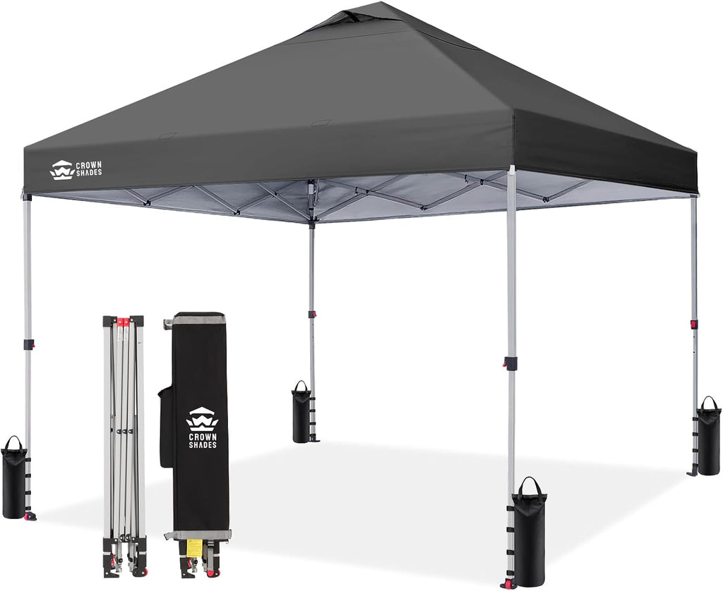 CROWN SHADES 10x10 Pop Up Canopy - Beach Tent with One Push Setup - Easy Outdoor Sun Shade Shelter for Events, Parties - Gazebo with STO-N-Go Cover Bag, Silver Coated Top,Light Gray