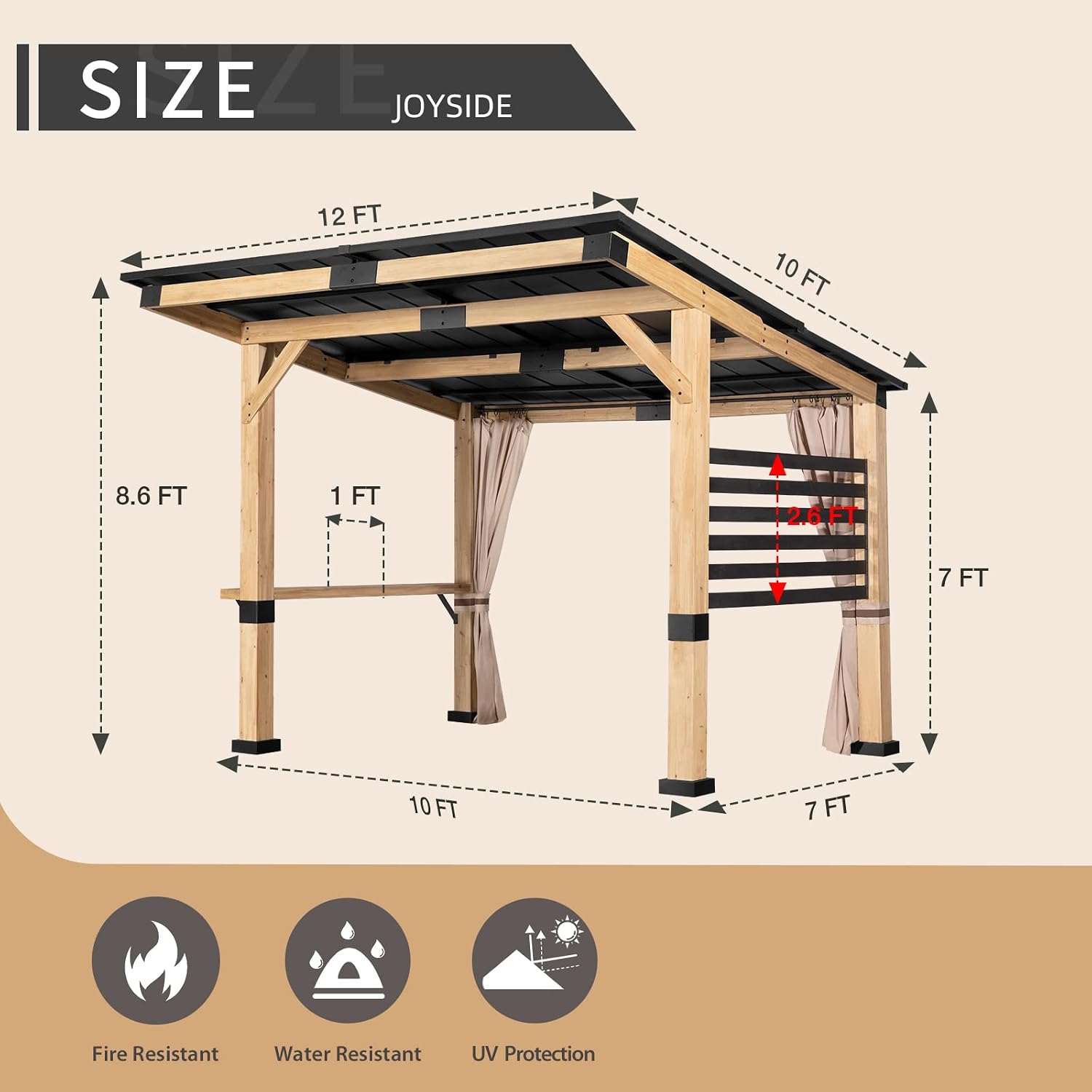 10x12 Cedar Wood Gazebo - Galvanized Steel Frame, Weatherproof Sloping Metal Hardtop with Privacy Screens | Permanent Patio Gazebo for Backyard Grilling & Outdoor Gatherings