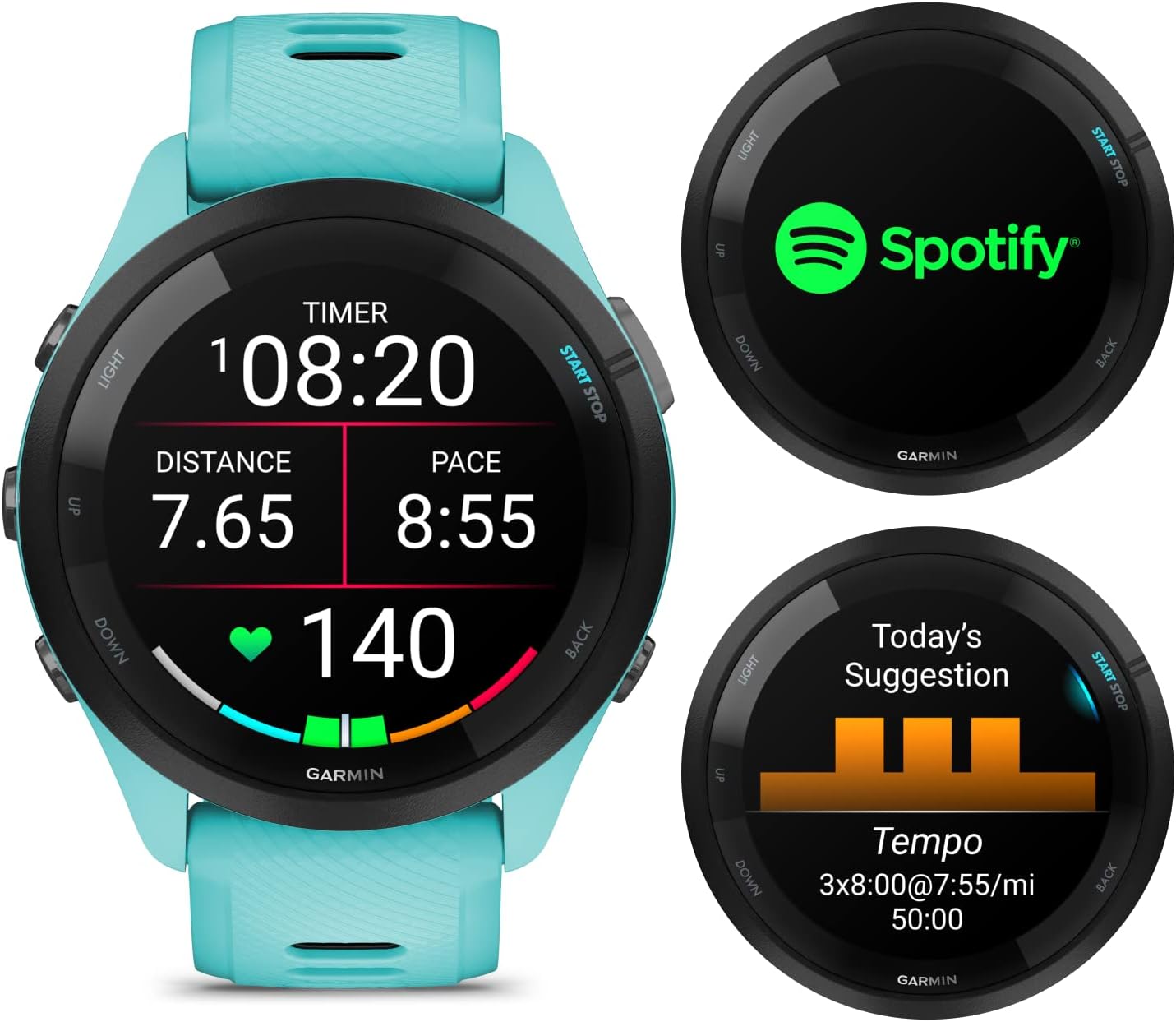 Garmin Forerunner 265 Music GPS Running 46 mm Smartwatch, Aqua with AMOLED 1.3 in Touchscreen Display White Earbuds Bundle, Aqua +Wht EarBuds