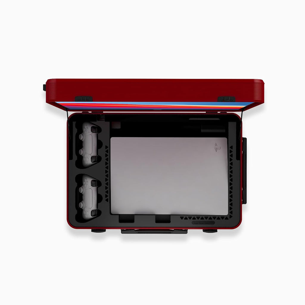 POGA LUX Compatible with PlayStation 5 Premium Portable Console Travel Case incl. Trolley and 24'' AOC Gaming Monitor - (V3 - Bluetooth Speaker Optional) Red