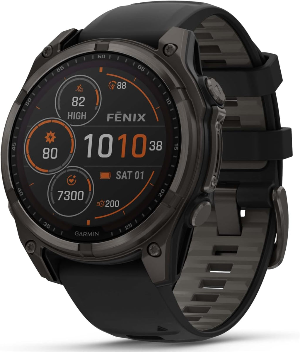 Garmin Fenix 8 47 mm, Multisport GPS Smartwatch, Solar, Sapphire, Carbon Gray DLC Titanium with Black/Pebble Gray Silicone, Built-in LED Flashlight, Voice Control Black Earbuds Bundle