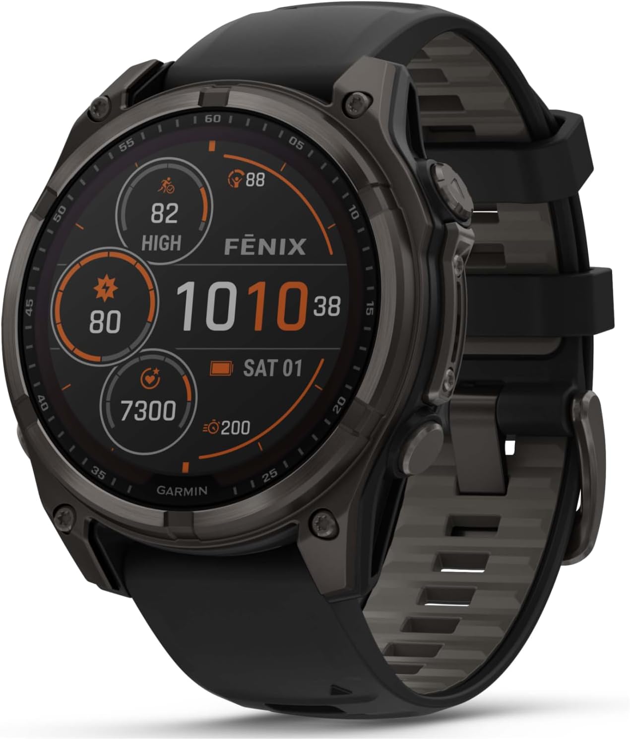 Garmin Fenix 8 47 mm, Multisport GPS Smartwatch, Solar, Sapphire, Carbon Gray DLC Titanium with Black/Pebble Gray Silicone, Built-in LED Flashlight, Voice Control Black Earbuds Bundle