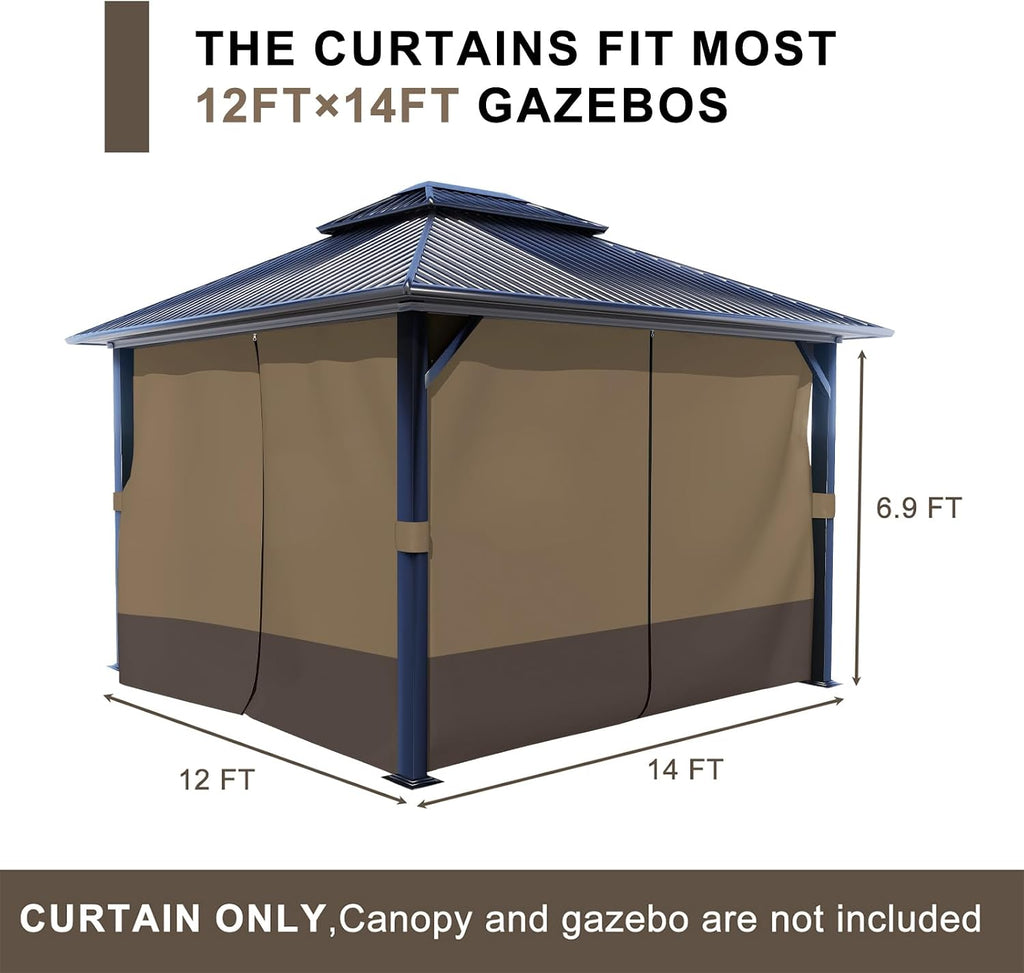 BPS 12' x 14' Gazebo Privacy Curtains with Double Zipper, 4-Panels Side Wall Universal Gazebo Side Panels Replacement for Patio, Outdoor Canopy, Garden and Backyard (Curtain Only)