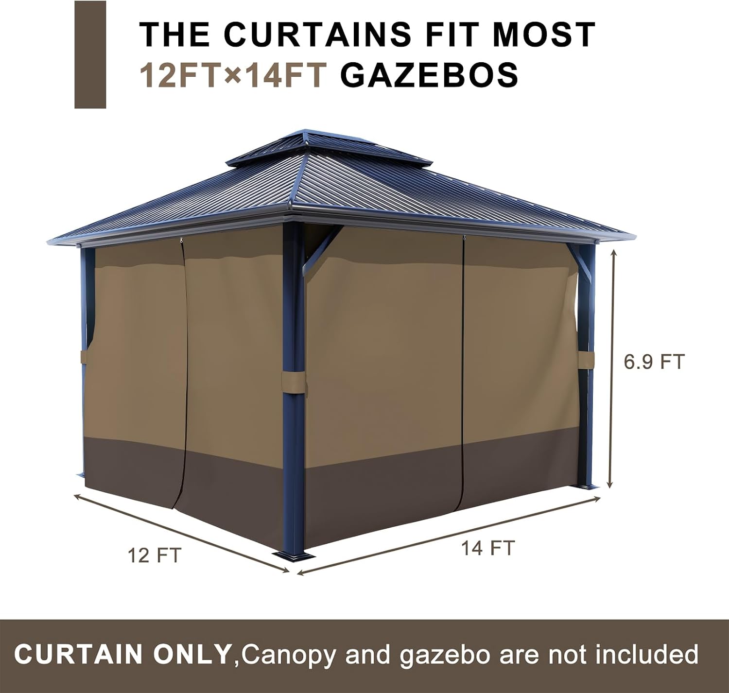 BPS 12' x 14' Gazebo Privacy Curtains with Double Zipper, 4-Panels Side Wall Universal Gazebo Side Panels Replacement for Patio, Outdoor Canopy, Garden and Backyard (Curtain Only)