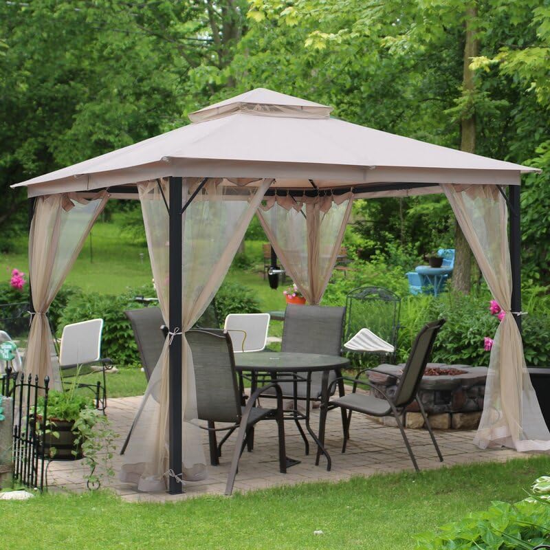 Sannwsg Outdoor Patio Gazebo 10x10 FT, Soft Top Gazebo Canopy with Double Roof, Metal Frame, Mosquito Netting, for Backyard & Deck, Beige