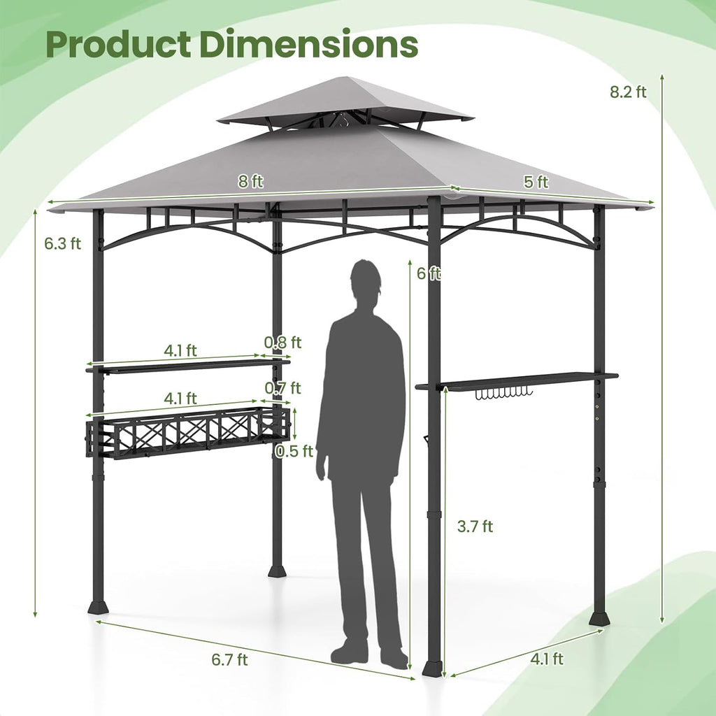 HAPPYGRILL 8 x 5 FT BBQ Grill Gazebo with 2 Side Shelves, Storage Basket, Hanging Hooks, Bottle Opener, Double-Tiered Top, Metal Frame, Outdoor Barbecue Canopy, Grilling Shelter for Patio Garden Yard