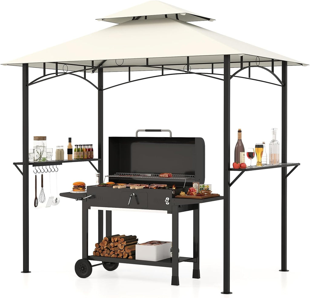 Tangkula 8x5 Ft Grill Gazebo, 2-Tier Barbecue Gazebo with 2 Shelves, 7 Hooks, Metal Frame, Outdoor Grill Canopy for Backyard Garden Poolside (Beige)