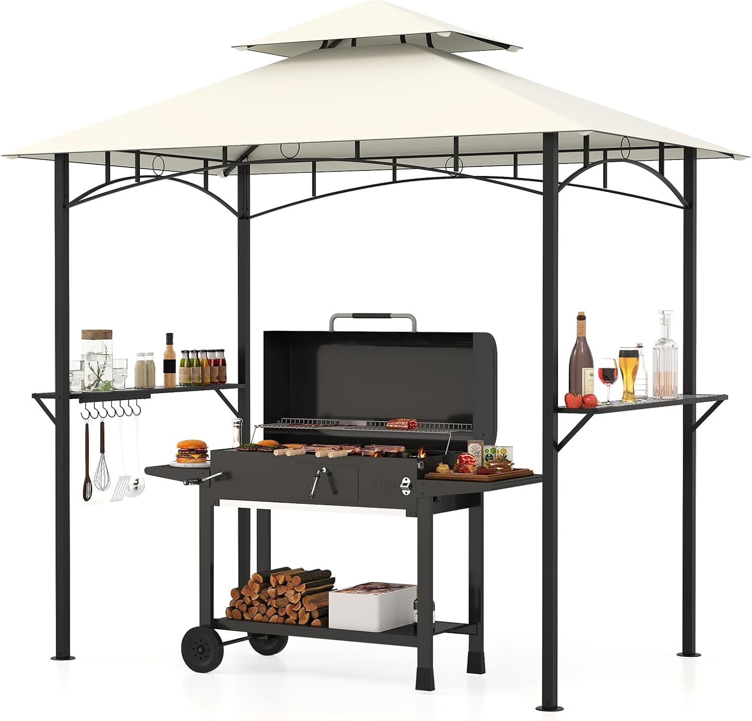 Tangkula 8x5 Ft Grill Gazebo, 2-Tier Barbecue Gazebo with 2 Shelves, 7 Hooks, Metal Frame, Outdoor Grill Canopy for Backyard Garden Poolside (Beige)