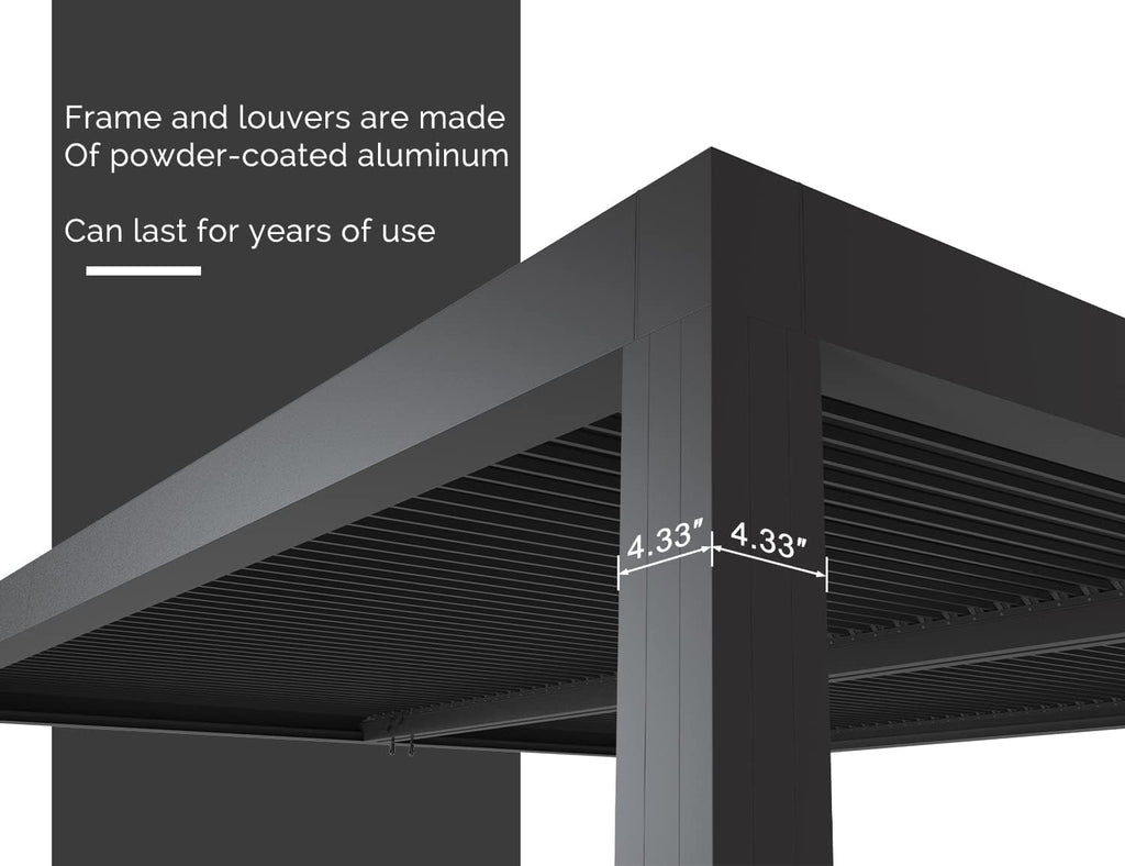 PURPLE LEAF Louvered Pergola 94AS 10' x 14' Outdoor Aluminum Pergola with Fixed Shutter Wall Adjustable Roof for Deck Backyard Grey Hardtop Gazebo, 1 Long Side and 1/3 Short Side