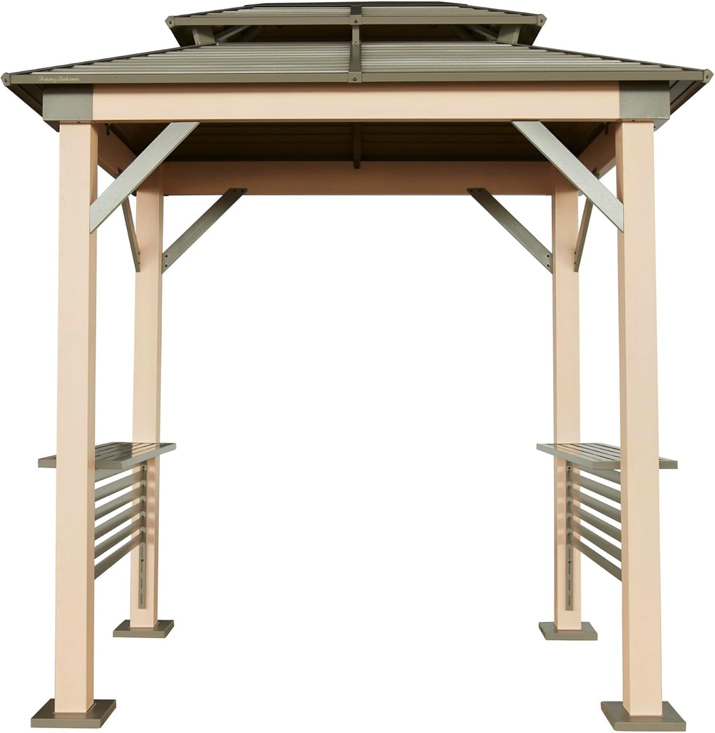 Tommy Bahama Edition Cove 6' x 8' Outdoor Hardtop Grill Gazebo for Backyard or Patio, Heavy-Duty Galvanized Steel Double Roof Gazebo, Wood Grain Finish