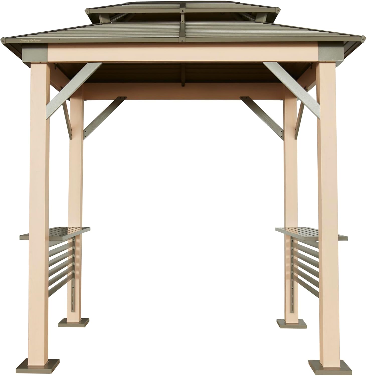 Tommy Bahama Edition Cove 6' x 8' Outdoor Hardtop Grill Gazebo for Backyard or Patio, Heavy-Duty Galvanized Steel Double Roof Gazebo, Wood Grain Finish