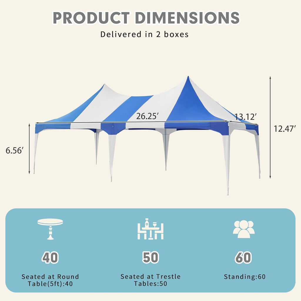 EROMMY 13x26ft Party Tent, Heavy Duty Wedding, Double Peaked Canopy Tent with Pole-Less Event Space, 60 Person Capacity Outdoor Gazebo Pavilion Shelter for Party, Event, White & Blue