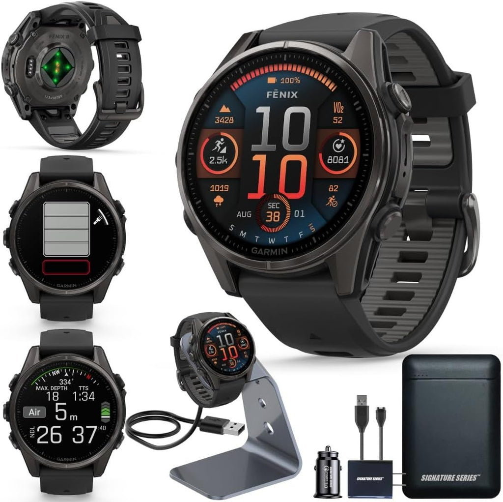 Garmin Fenix 8 Premium Multisport GPS Running Smartwatch, 43 mm | AMOLED, Dive-Rated, Built-in Flashlight | Carbon Gray DLC Titanium with Pebble Gray Band with Signature Series Charging Stand
