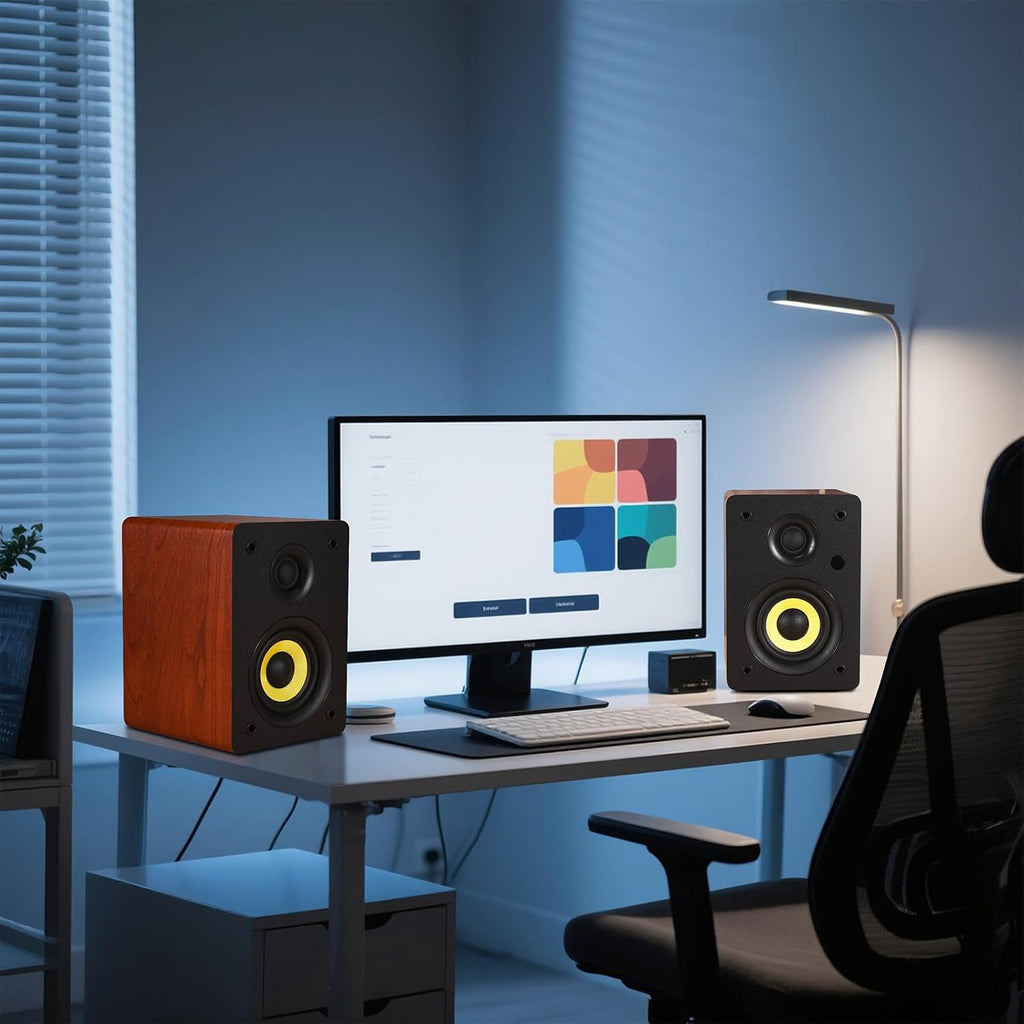Sanyun SW206 80W Active Dual-Mode Bookshelf Speakers, 4' Studio Monitor & HiFi Mode, Upgraded 3D Sound Field, 6.35mm TRS Balanced, Bluetooth 5.4, Optical Coaxial Aux USB 24bit DAC, Woodgrain