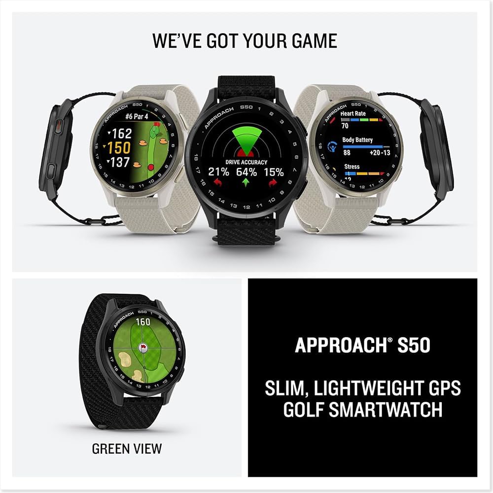 Garmin 010-03010-01 Approach S50, Advanced Golf GPS Smartwatch, AMOLED Display, On-Course Features Bundle with 3X Silicone Dust Cover, 2X 1.2 Screen Protector and 2 YR CPS Enhanced Protection Pack