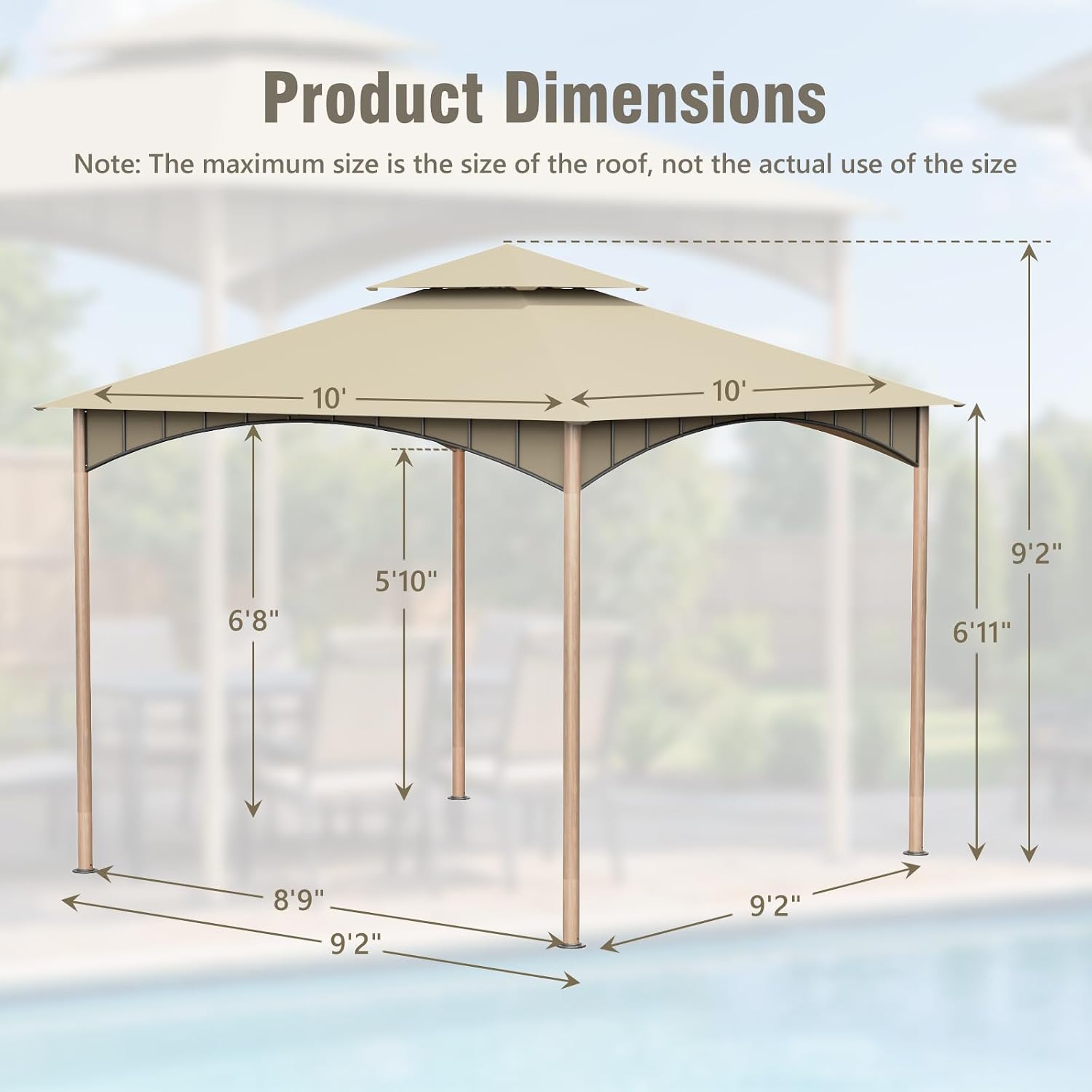 Sannwsg Outdoor Patio Gazebo 10x10 FT, Soft Top Gazebo Canopy with Double Roof, Metal Frame, for Backyard, Deck & Lawn, Wood Grain Posts