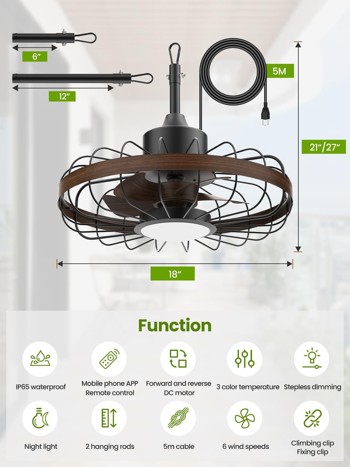 Outdoor Ceiling Fans with Light for Patios, 18 Inch Ceiling Fan Smart APP & Remote Control, 6 Speeds, 3 Color Temperatures, Gazebo Lights Outdoor Ceiling Fans for Patio Waterproof,Porch