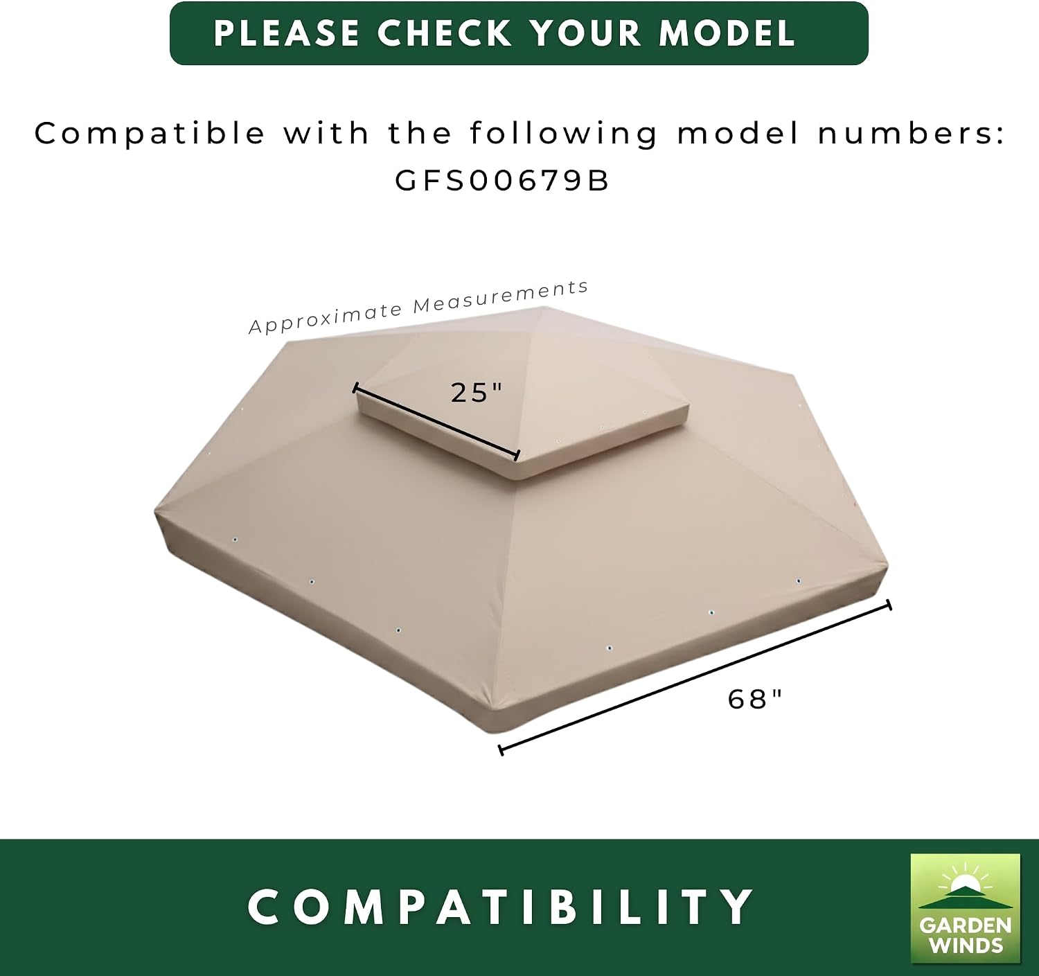 Garden Winds Reinforced Replacement Canopy Top Cover Compatible with The GFS00679B Hampton Bay Solar 10' Hexagon Gazebo - Classic Sand, Riplock 350