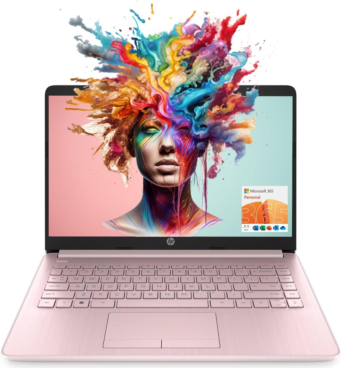 HP Essential Laptop, 14' HD Display, Intel Celeron N150, 8GB RAM, 128GB eMMC, Webcam, HDMI, Wi-Fi, RJ-45, 1 Year Office 365, Windows 11 Home, Pink
