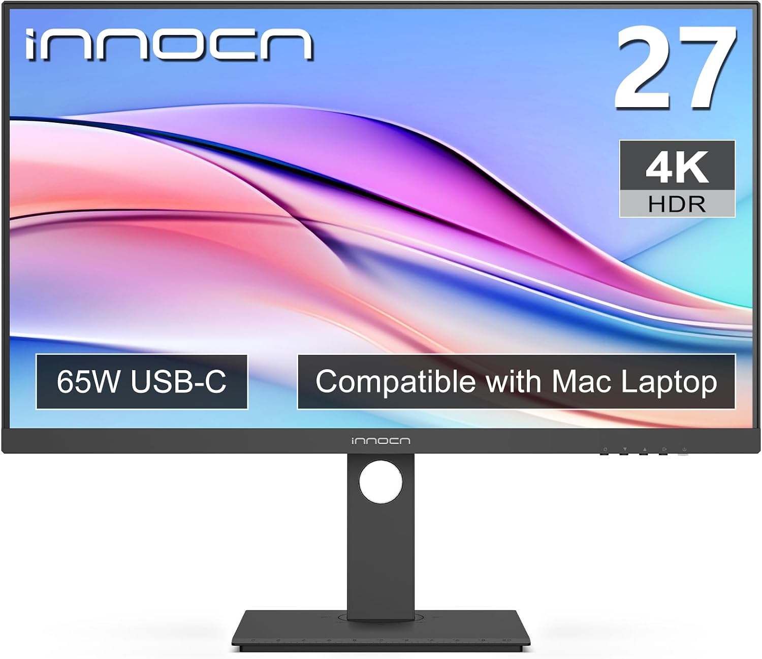 INNOCN 27' 4K USB-C Monitor for Laptop MacBook/Mac mini - 16:9 IPS 3840 x 2160 Display, HDR400, DeltaE＜2, DisplayPort, HDMI PC Monitor, 1.07B+ Colors, Built-in Speakers, Adjustable Stand, Black