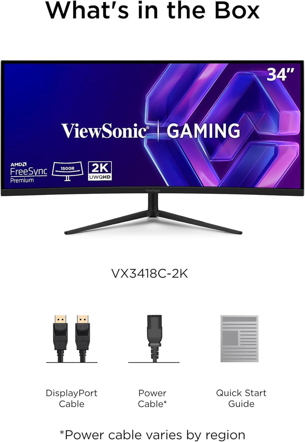 ViewSonic VX3418C-2K 34 Inch 1440p Ultrawide Curved Gaming Monitor, 180Hz and 1ms for Fast Gameplay, FreeSync Premium and HDR10 for Smooth Visuals, Full Ergonomic Adjustability, HDMI, and DisplayPort