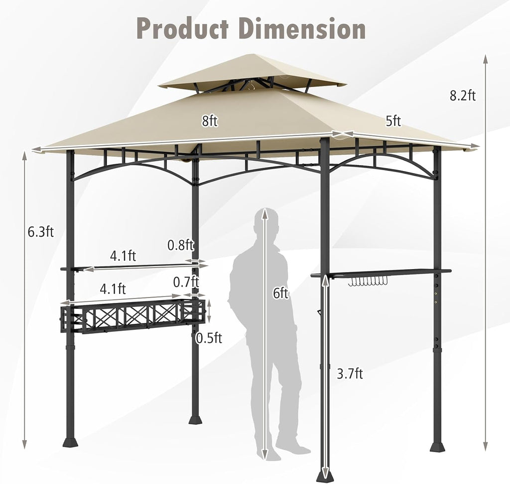 HAPPYGRILL 8 x 5 FT BBQ Grill Gazebo with 2 Side Shelves, Storage Basket, Hanging Hooks, Bottle Opener, Double-Tiered Top, Metal Frame, Outdoor Barbecue Canopy, Grilling Shelter for Patio Garden Yard