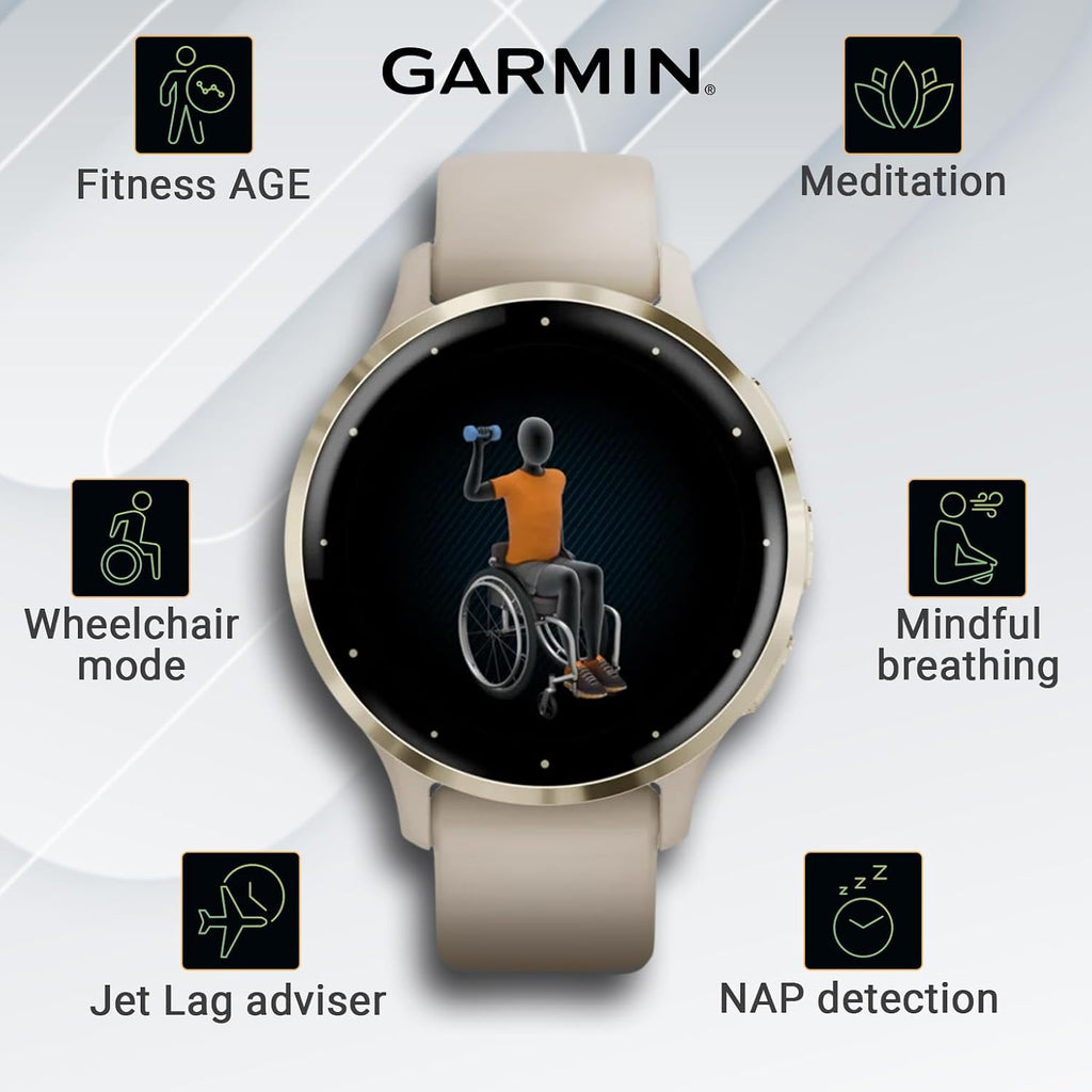 Garmin Venu 3S GPS Smartwatch AMOLED Display 41mm Watch, Advanced Wellnes and Fitness Features, Up to 10 Days of Battery, Sleep Coach, French Gray White Earbuds Bundle