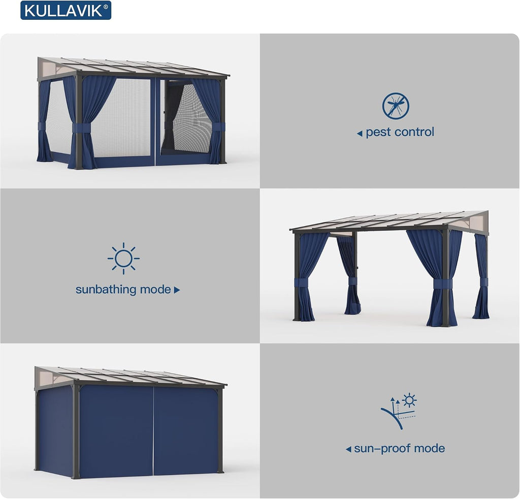Kullavik 10' × 12' Hardtop Gazebo for Patio,Wall-Mounted Lean to Gazebo Pergola with Sloping Roof and Durable Aluminum Frame,Large Heavy Duty Awnings for Decks,Backyard,Navy Blue