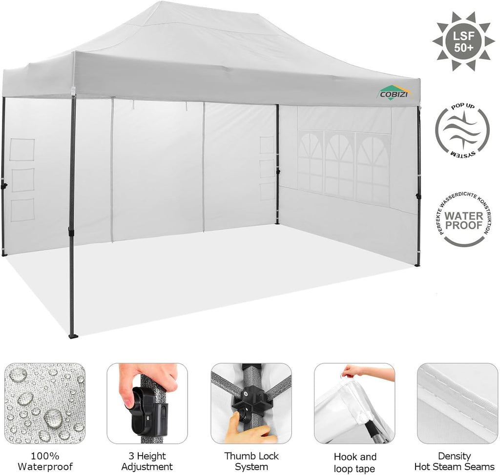 COBIZI 10x15 Pop up Canopy Tent 10x15 Canopy with 4 Sidewalls Waterproof Heavy Duty Commercial for Parties Outdoor Garden Gazebo Tent, Carry Bag(10x15ft, White)