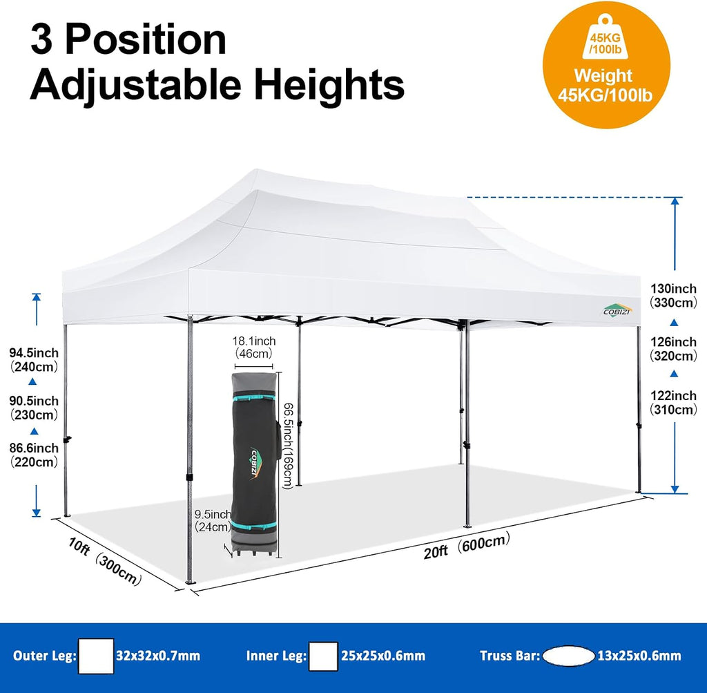 COBIZI 10x20 Pop up Canopy Tent 10x20 Canopy with 6 Sidewalls Waterproof Heavy Duty Commercial Canopy Tent for Parties Outdoor Garden Gazebo, Carry Bag with Wheel(10x20ft, White)