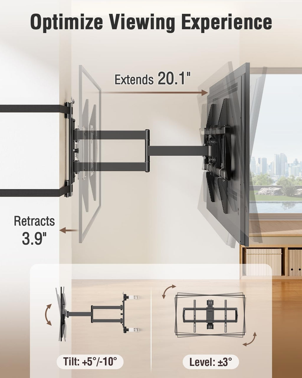 ELIVED Pillar TV Mount for Most 32'-75' TVs, Column TV Mount for Gazebo Patio Pergola, No Drill Full Motion tv Bracket Swivel and Tilt, Fits Multi-Shaped Poles, Max VESA 600x400mm, 88 Lbs.